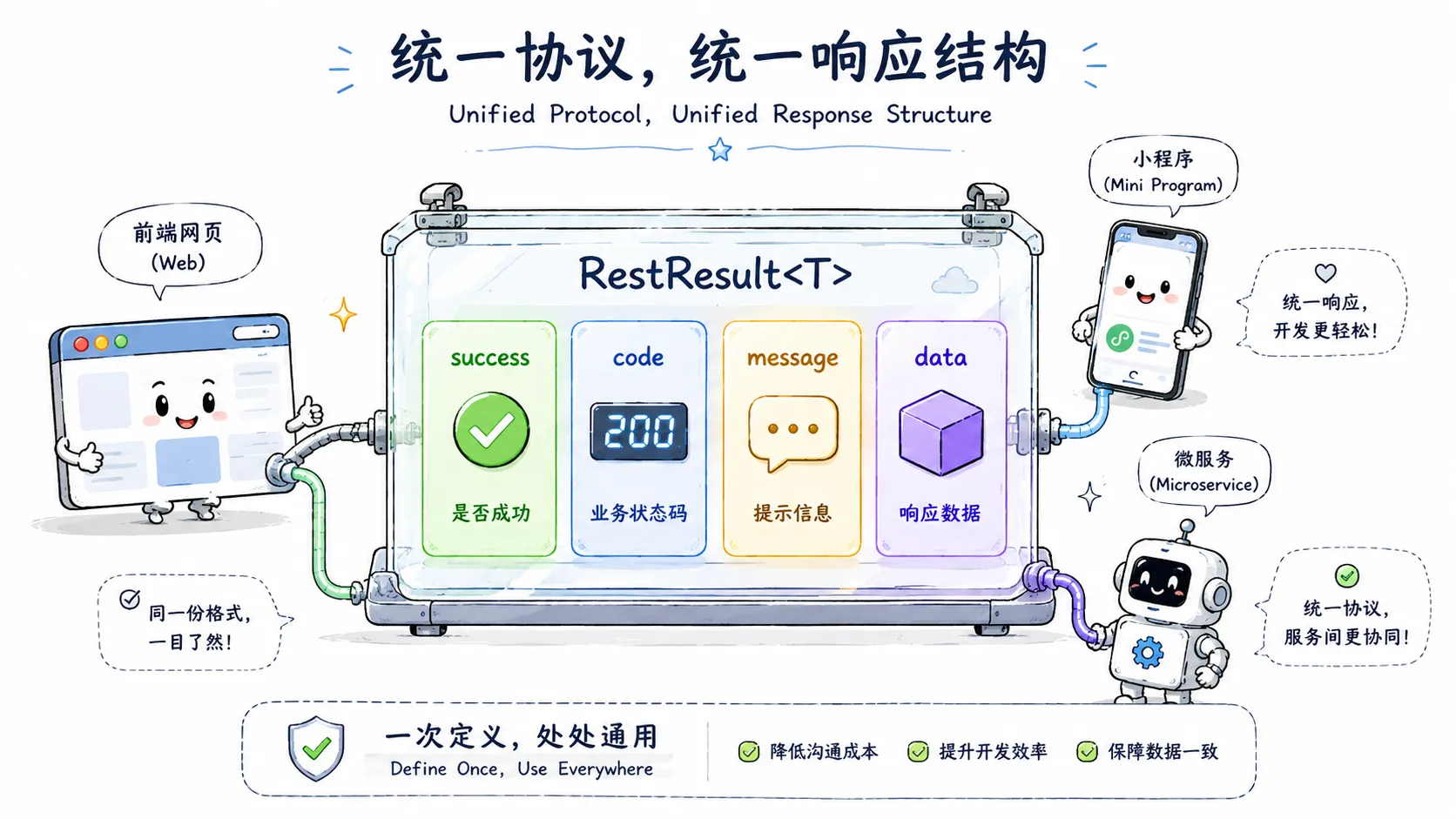 简笔手绘卡通风格科技插画，一个名为“RestResult<T>”的大型透明集装箱漂浮在画面中央，内部整齐放置四个发光模块：success（绿色勾选图标）、code（数字面板）、message（对话气泡）、data（数据立方体）。前端网页、小程序手机、微服务机器人三位角色同时连接到这个统一容器，开心地读取相同格式的数据。整体表达“统一协议、统一响应结构”的概念，蓝色科技背景，线条清爽，带轻微拟人化元素，16 横版。