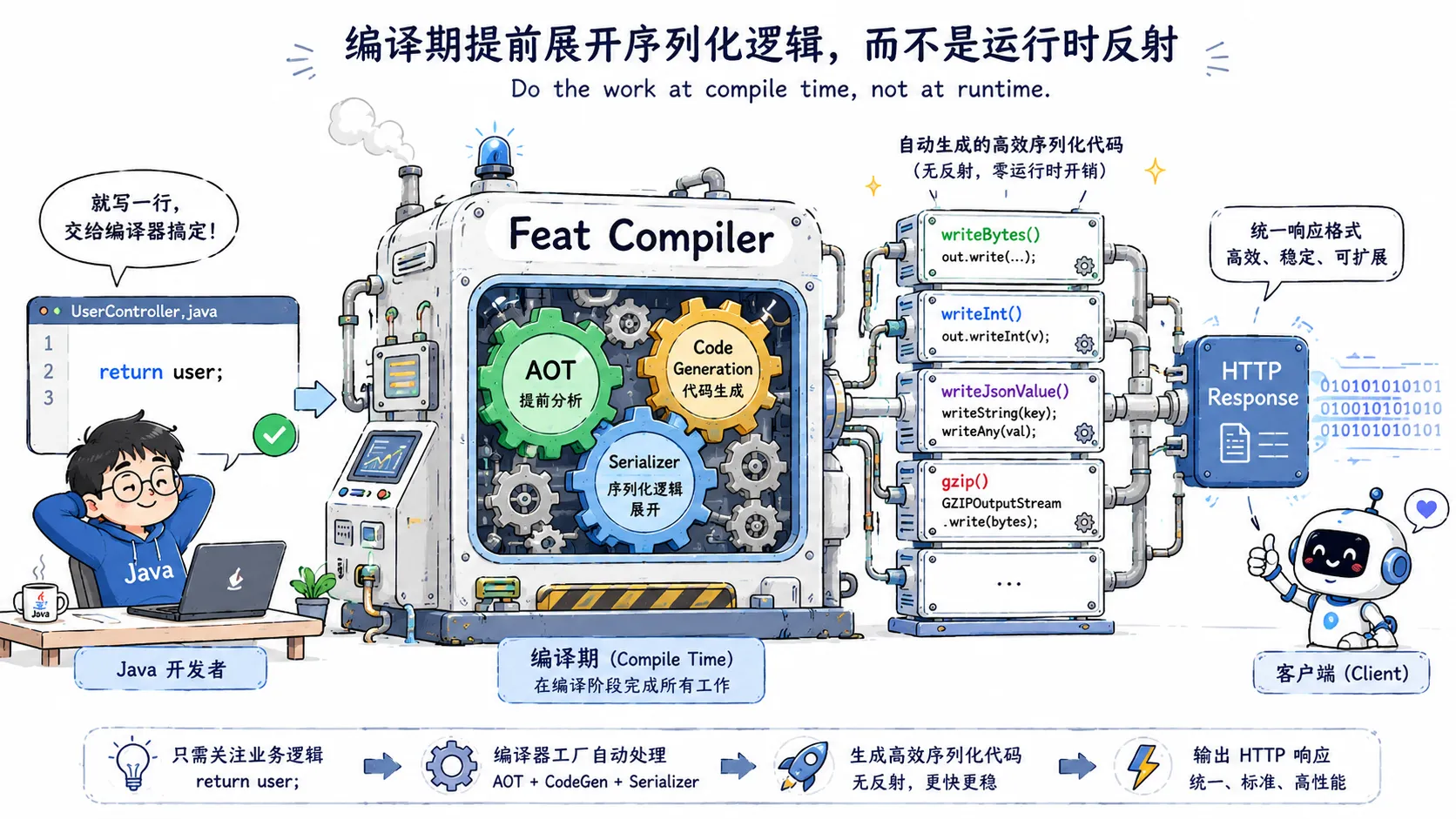 简笔手绘卡通风格科技插画，左边是一位 Java 开发者只写了一行代码 return user;，神情轻松。中间是一个巨大的“Feat Compiler”自动工厂，内部齿轮运转，标注 AOT、Code Generation、Serializer。右边输出大量已经展开好的普通 Java 代码模块：writeBytes()、writeInt()、writeJsonValue()、gzip() 等零件，最终汇聚成 HTTP Response 数据流发送给客户端。画面表现“编译期提前展开序列化逻辑，而不是运行时反射”的核心思想。整体科技蓝配色，轻松幽默，工程感强，16 横版。